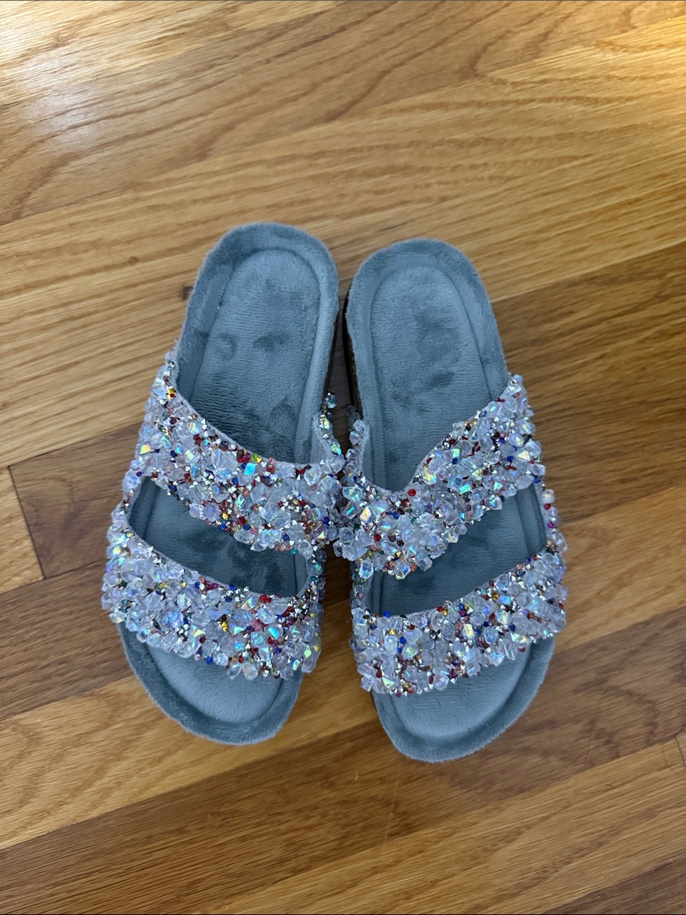 NWOT Bejeweled Gray Slide Sandals with Crystal Straps